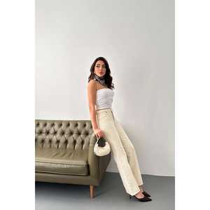 Wholesale <b>Vintage</b> Style Straightmania <b>Trousers</b> Breathable Denim Wide Leg Flare Pants Beige XL High Mid Print for Summer Winter - Product Image 3