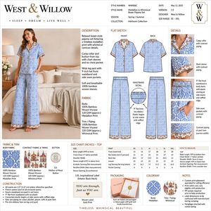 Women's Blue Geometric Print Bamboo woven Pajama Set Short Sleeve Button-Up Top Wide-Leg Pants Classic Sleepwear Regular Fit - Product Image 3