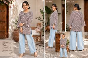 Brown Printed Kurti For Women V Neck Flared Sleeves Side Slit Ethnic <b>Tunic</b> Casual Daily Wear Stylish Indian Fashion Casual <b>Dress</b> - Product Image 2