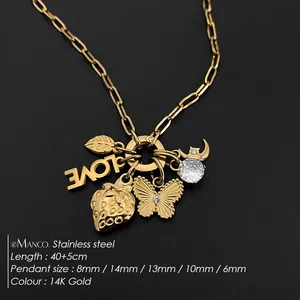 Collana eManco in acciaio inossidabile stile Y2K con catena a maglie e ciondoli LOVE, fragola, farfalla e luna - Gioielli fai da te direttamente dalla fabbrica - Product Image 2