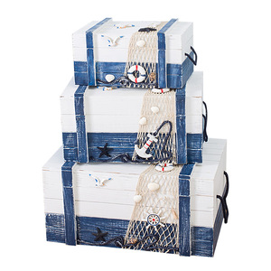 Mediterranean Style Distressed Wood Storage <b>Box</b> 3-Piece Set Blue White Rectangle <b>Pine</b> Toy Organizer Living Room Decor - Product Image 4