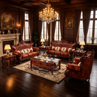 Ensemble de canapés en cuir de style européen, 3 places, 2 places, 1 place, cadre en bois sculpté, meubles de luxe pour salon et hôtel