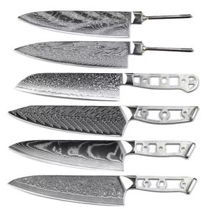 일본 주방 요리사 칼 세트 8 PCS 다마스커스 레이저 패턴 산토쿠 도구 7CR17 <span class=keywords><strong>440C</strong></span> 고 탄소 스테인레스 스틸 8 Pakka 목재 - Product Image 4