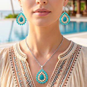 Ensemble de bijoux turquoise géométrique en argent 925, style bohème, collier et boucles d'oreilles, pour femmes, à porter au quotidien - Product Image 2