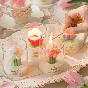 수제 크리에이 티브 튤립 꽃다발 꽃 모양의 유리 항아리 양초 발렌타인 데이 웨딩 홈 장식용 소이 왁스 선물 양초