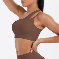 Sujetador deportivo de moda irregular sin aros con una sola tira, de tela suave con patchwork y espalda recortada, para fitness y entrenamiento.