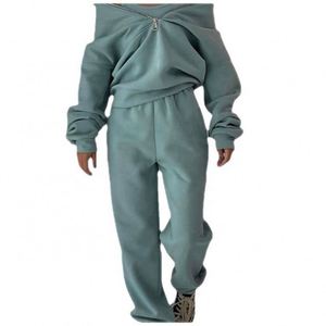 In Stock Leisure <b>Suit</b> Fleece Sweatshirt Solid Colors Half <b>Body</b> Zipper Fall Women's Casual Sport Sets - Product Image 6