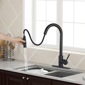 Grifo de Cocina Monomando Moderno <span class=keywords><strong>HUICI</strong></span>, Negro Mate, con Rociador Extraíble, Montado en el Fregadero, Acero Inoxidable 304, Garantía de 3 Años - Product Image 1