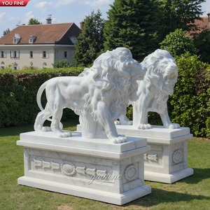 Paire de Lion <span class=keywords><strong>en</strong></span> <span class=keywords><strong>pierre</strong></span> sculptée avec <span class=keywords><strong>statue</strong></span> <span class=keywords><strong>en</strong></span> marbre Sculpture pour entrée - Product Image 1