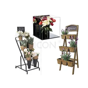 Winkel Bamboe Acryl Houten Ijzeren Metalen Plant Kar Plank Kunstmatige Bloempot Emmers Display Rek Stand Met Plank