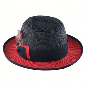 2025 Summer Black <b>Red</b> Two Tone <b>Paper</b> Straw Fedora Hats with Feather - Product Image 4