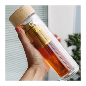 Hot Sale JM Manufacturer Design Double Wall Glass Tea Water Bottle with Custom Logo/Stainless Steel Tea Infuser with Bamboo Lid