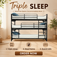 Lit superposé triple moderne en métal avec 2 échelles et barrière de sécurité, noir, pour hôtel et appartement
