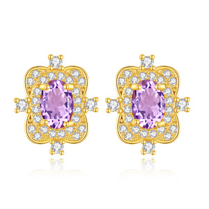 Boucles d'oreilles clous vintage en argent sterling 925 plaqué or, pierres naturelles ovales 4*6mm, grenat et topaze, motif floral, cadeau pour mariage et fête - Product Image 1