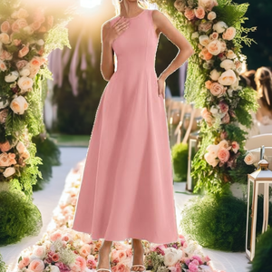 Robe midi élégante rose sans manches coupe trapèze en mousseline de soie couleur unie, robe de cocktail coupe droite taille naturelle - Product Image 2