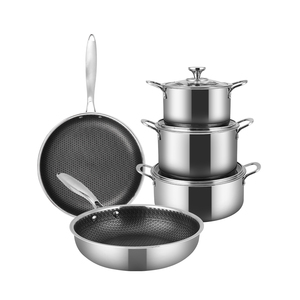 Bộ nồi chảo chống dính 8 món All Clad Triply 18/10 bằng thép không gỉ, thiết kế tổ ong, 3 lớp, kèm nắp, dùng được cho mọi loại bếp - Product Image 1