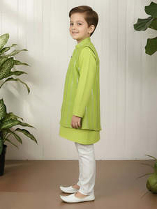 Ensemble kurta pour garçons, vêtements ethniques, tenue de fête traditionnelle, kurta à manches longues imprimé avec pyjama crème, ensemble élégant. - Product Image 3