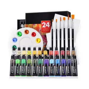 Basic Acryl Verf Niet Giftig Art Acrylverf 12Ml 24 Acryl Verf Set Met 6 Borstels, 1 Palet En 2 Canvas