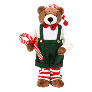 Green Overall Candy Cane <b>Teddy</b> <b>Bear</b> Standing Plush Elf Doll for Christmas Tree Corner Decor in Bulk - Product Image 1
