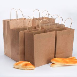 Sacs à emporter recyclés pour restaurants, sacs à emporter pour la restauration rapide, sacs en papier kraft blanc et brun personnalisés avec poignées - Product Image 5