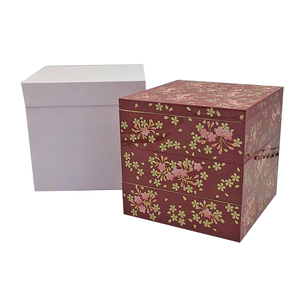 Traditional Japanese Style Triple Tier Stackable <b>Storage</b> <b>Box</b> with <b>Floral</b> Pattern Red Paper Lid Rectangle Shape Environment-F - Product Image 1