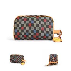 Vintage Checkerboard PVC Leather Cosmetic Case Large Capacity Travel <b>Makeup</b> <b>Bag</b> Luxury Wide Open Organizer - Product Image 1