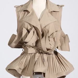 Precio de fábrica Primavera/Verano Nueva Moda Caqui Cuello en V Diseño Plisado con Empalmes Sin Mangas con Cordones Largo hasta el Suelo Orgánico - Product Image 3