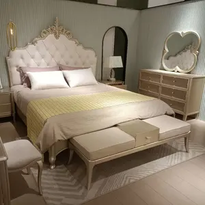 프랑스 럭셔리 로맨틱 공주 더블 황금 침대 웨딩 킹 사이즈 침대 드레서 침실 세트 덮개를 씌운 침대와 나무 프레임