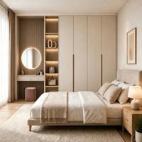 Armoire modulaire personnalisée, armoire d'angle avec portes crème et verre encadré noir, quatre tiroirs et étagères LED pour chambre à coucher