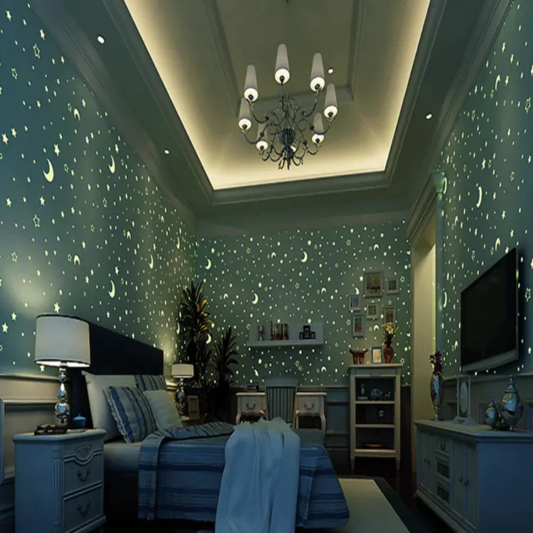 Space theme non-woven cartoon fluorescent 3D wallpaper with star and moon design for children's bedroom made in China