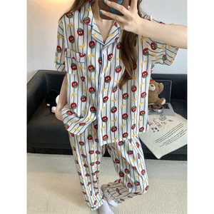 Ensemble de pyjama d'été pour femmes : haut à manches courtes et pantalon long, motif nuage de dessin animé, style cardigan léger - portable - Product Image 2