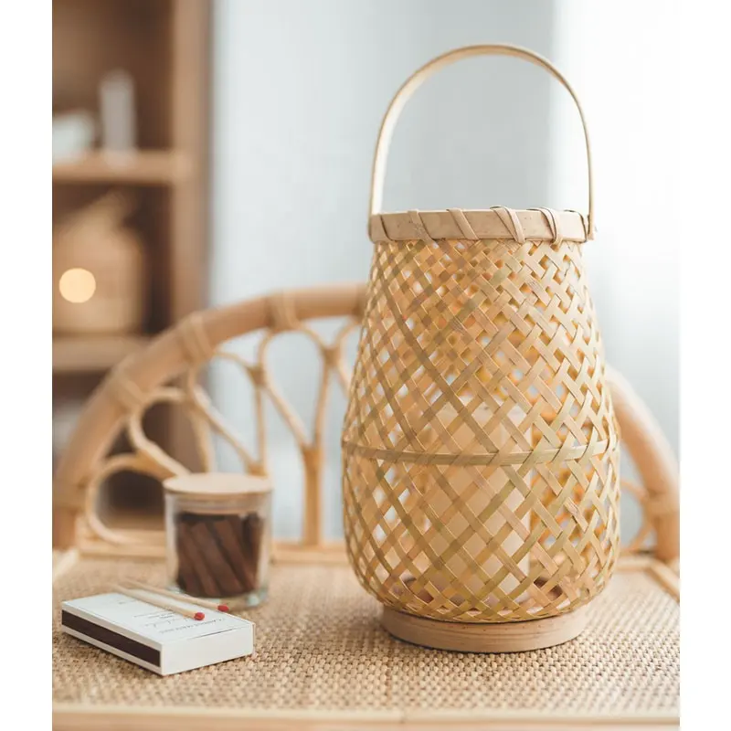 Produtos artesanais bambu natural lanterna rattan tecido castiçal de madeira com punho para decoração de casa