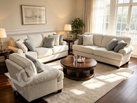 Ensemble de canapés américains élégants à assise profonde, couleur crème, tissu d'ameublement blanc cassé pour grand salon