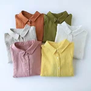 Japanese style long sleeve women blouse pure linen sweet design spring