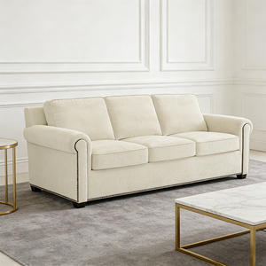 أريكة زاوية تشيسترفيلد من الكتان رائجة البيع، أريكة خشبية حديثة كبيرة بثلاثة مقاعد قابلة للتحويل إلى سرير مع زخارف معدنية وذراعين ملفوفين، يمكن تخصيص الحجم - Product Image 1