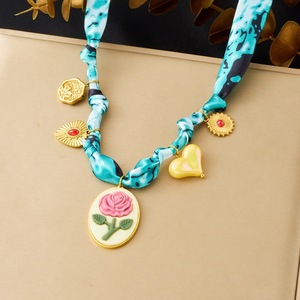 Retro Oval Flower Pendant Heart Charm Gold Plated Stainless Steel Fabric Chain Necklace Gift - Product Image 1