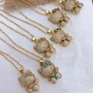 JB Hello kitty kalung kartun anak-anak perhiasan aksesori kucing CZ Iced Out liontin kristal Zircon berlian lucu kalung binatang