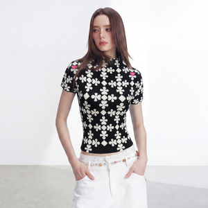 Short Sleeve Loose Fit Women's Knitted Chiffon Turtleneck Crop Top Geometric Flowers <b>Y2K</b> Eco-Friendly Vintage Breathable Spring - Product Image 1