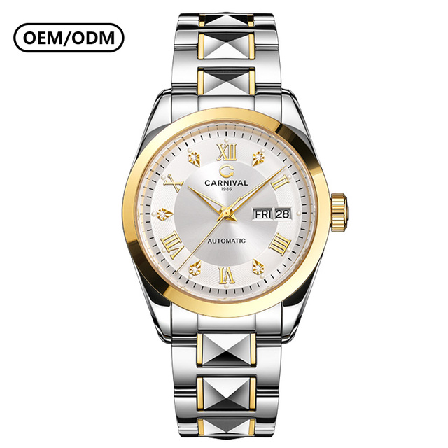 CARNIVAL Luxury Fashion & Business Stainless Steel Mechanical Watch 50m Water Resistance Butterfly Clasp Date Display