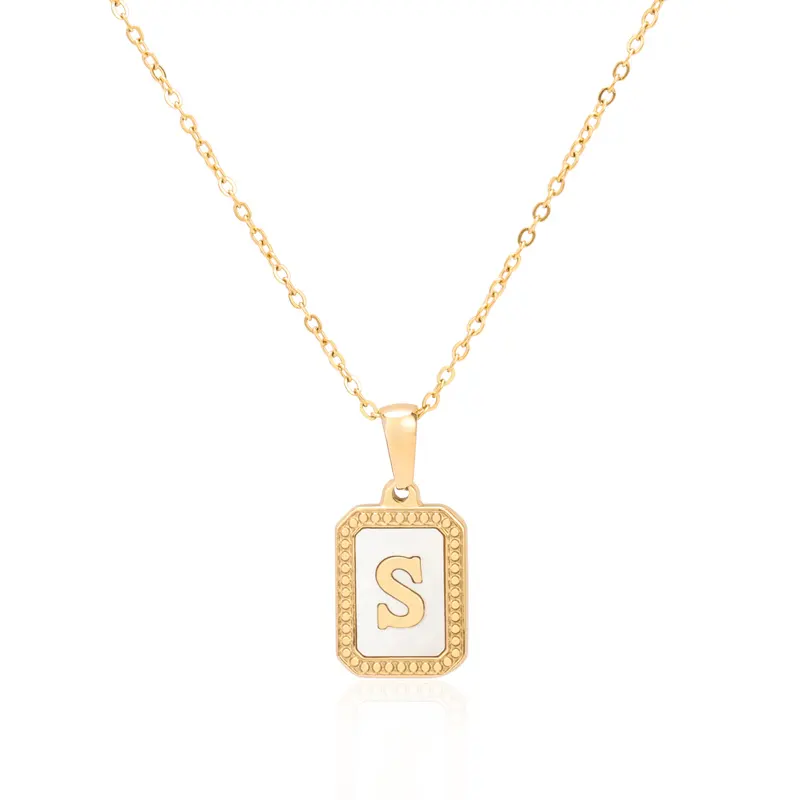 Women's Stainless Steel 18K Gold Plate Square White Shell Alphabet Pendant Charm Initial Letter Paperclip Chain Necklace Jewelry
