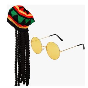 Caribbean <span class=keywords><strong>Rasta</strong></span> Set <span class=keywords><strong>Rasta</strong></span> Hat avec perruque Dreadlocks noire et lunettes jaunes pour Halloween Party Travel Cosplay Costume - Product Image 1