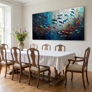 Peinture murale abstraite de poisson, grande toile minimaliste faite à la main, œuvre d'art pour hôtel, décoration murale pour la maison, arts décoratifs - Product Image 3