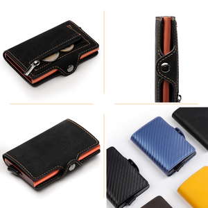 Portefeuille à cartes pop-up en cuir véritable avec fermeture à bouton personnalisée pour hommes, blocage RFID, <span class=keywords><strong>porte</strong></span>-cartes intelligent en aluminium métallique avec poche à monnaie - Product Image 3