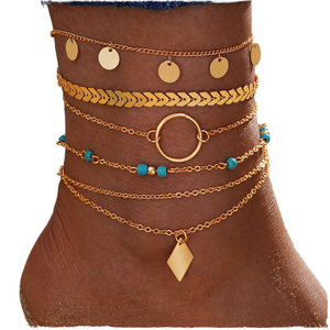 Conjunto de 5 piezas de cadena de eslabones con colgante de cuentas de moda, chapado en oro, con diseño geométrico, para tobillo, regalo de playa - Product Image 1