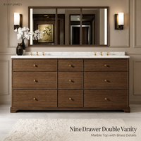 Meuble de salle de bain haut de gamme en bois massif avec double vasque, 9 tiroirs, finition noyer, dessus en marbre