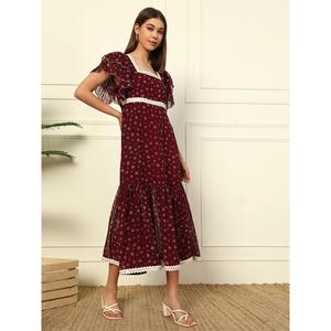 Floral Print Woven Georgette Tiered Casual <b>Dress</b> for Women's Square Neck Frilled Sleeves Fit & Flared Ankle Length Pockets - Product Image 4