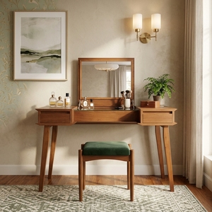 Table de toilette moderne en bois massif teck acajou Sungkai avec miroir rabattable, finition naturelle, mobilier de chambre - Product Image 5