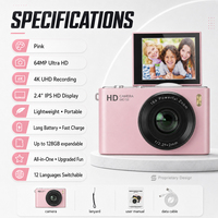 Fotocamera Digitale 4K con Schermo IPS Rotante a 2.4°, 48MP, AF, Funzioni MP3 e Giochi, Registrazione in Loop, Data e Ora, Ideale per Bambini e la Stagione Scolastica
