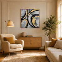 Impression sur toile abstraite moderne à motif tourbillonnant, encadrée or mat, avec détails en feuille d'or noir, gris et or, pour décoration de hall de penthouse et de boutique