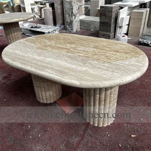 Table à manger en travertin naturel personnalisée, meubles en pierre, table à manger ovale cannelée en marbre travertin - Product Image 4